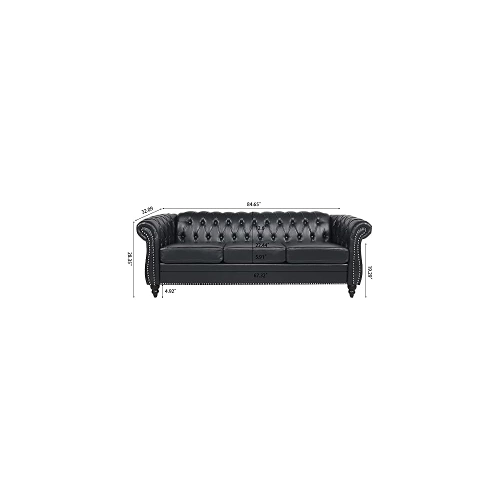 Chesterfield PU Leather Sofa, Upholstered PU Sofa with Tufted Back, Classic 3 Seater Leather Couch Rolled Arm for Living Room Office, Black