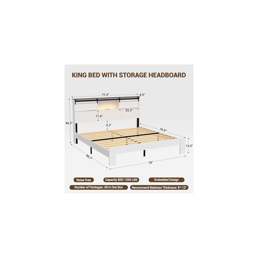 DNYN Farmhouse Platform Bed Frame with Storage Headboard and Dual USB Ports