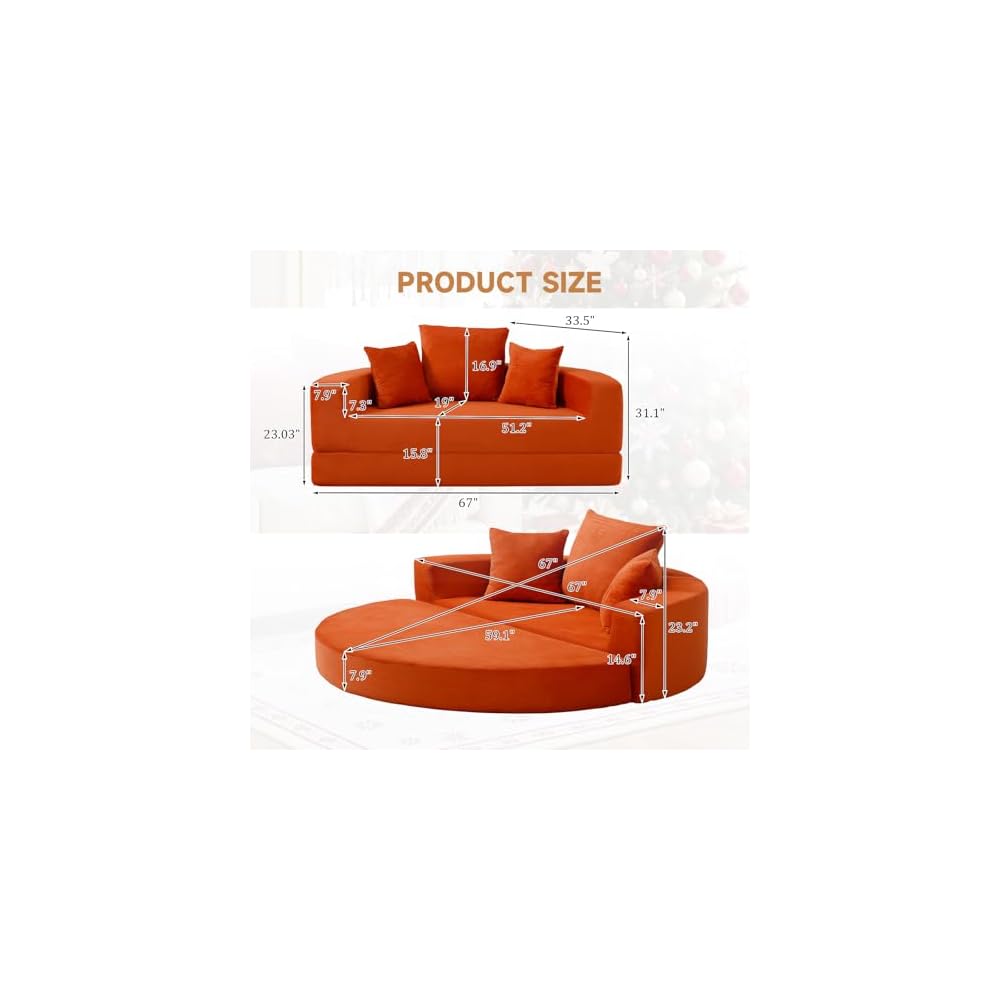 Convertible Sofa Bed, 67" Futon Boneless Couch Pull-Out, Orange