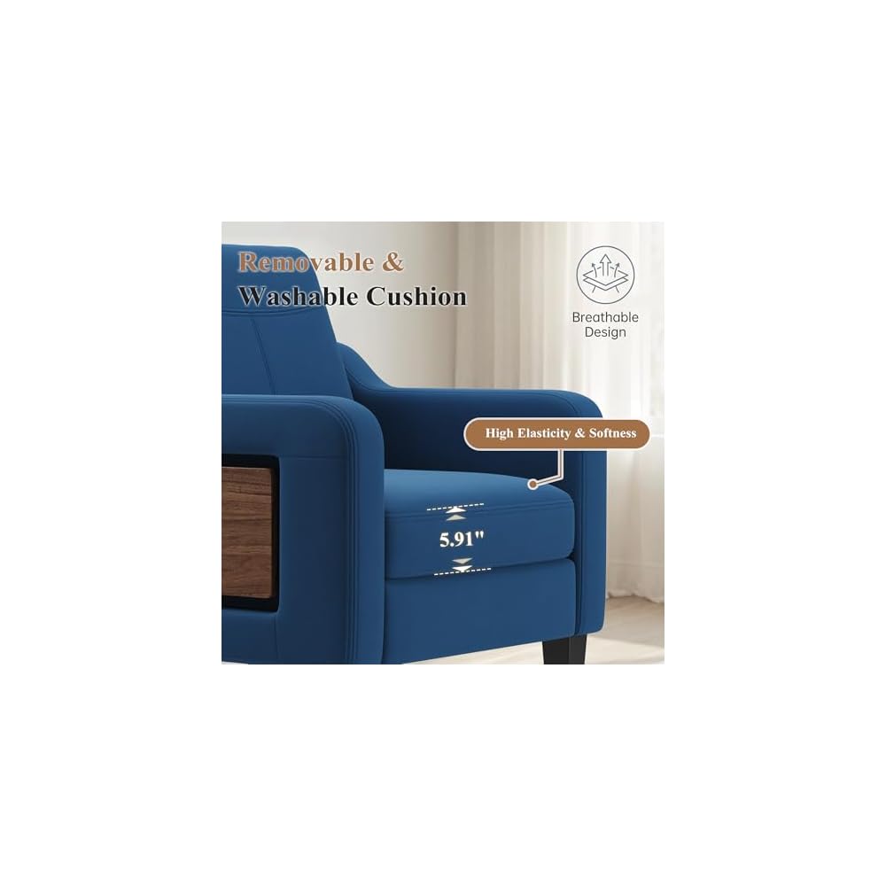 Accent Chair for Living Room, Mid-Century Upholstered Armchair with Foldable Table & 2 Side Pockets, Modern Linen Wooden Sofa Chair for Bedroom & Reading Room, Blue