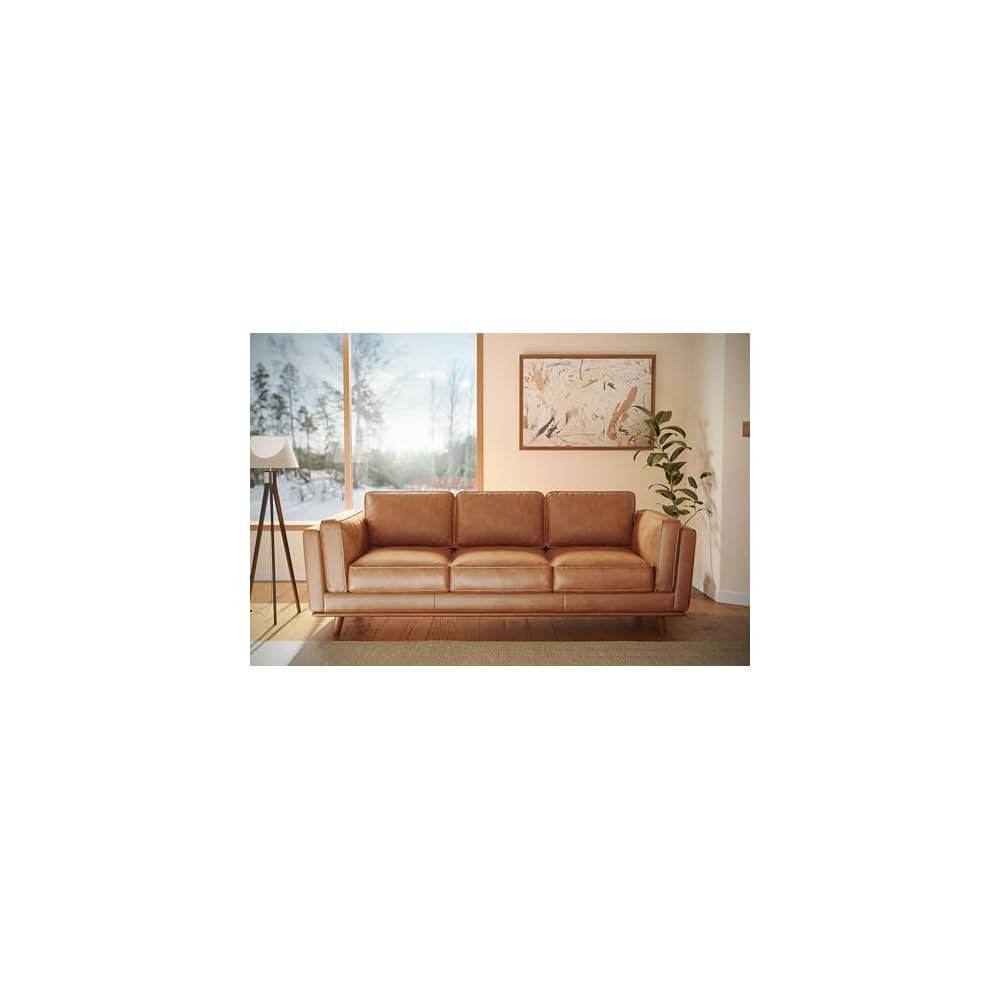 Valencia Artisan Full Leather Sofa 88” - Pure Full Italian Nappa Leather Couch for Living Room Furniture, Solid Wood Accent, Ultimate Comfort, Cognac Tan