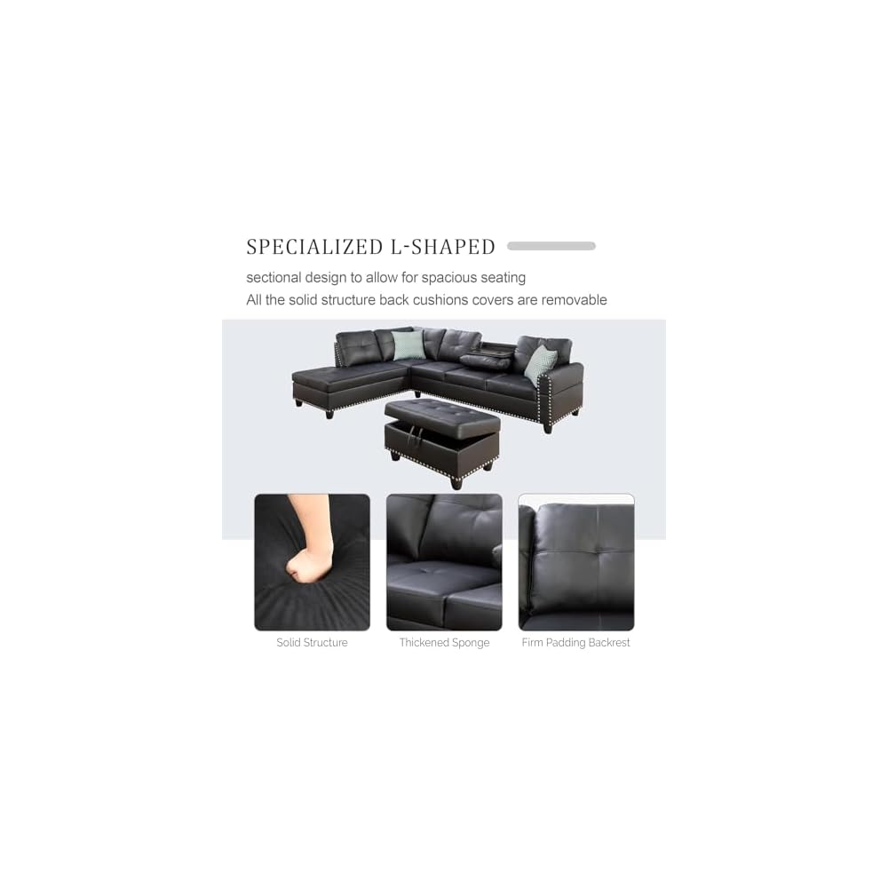 HomeStock Sophisticated Simplicity Sectional Sofa with Ottoman, Living Room Set, Left Facing Chaise, 2 Cup Holders, 2 Throw Pillows, Tufted Back and Seat - 99.5" D x 67" W x 32" H Black