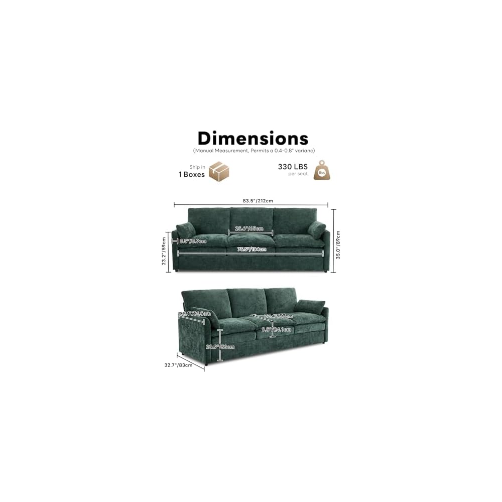 Iroomy Cloud Couch, 83.5" W Modern Sofa, Chenille Covers, Green