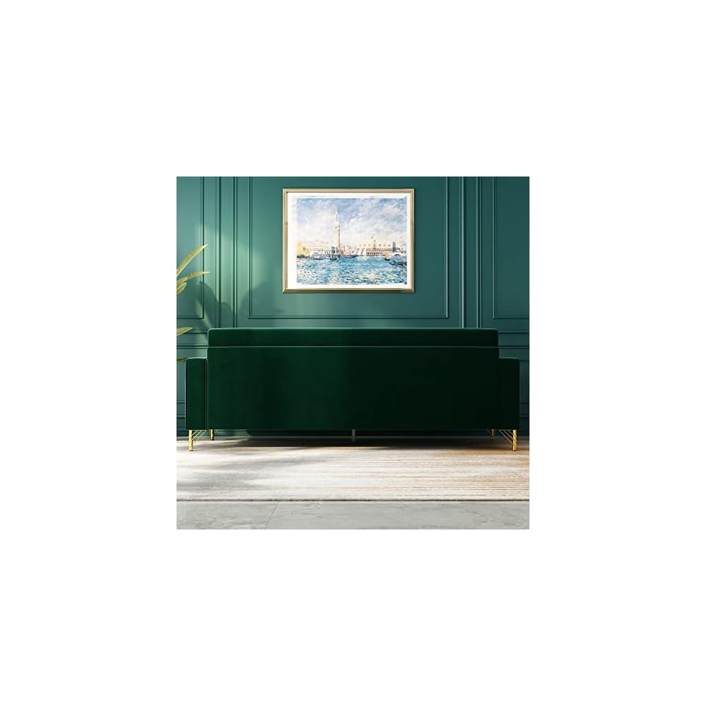 Green 85'' Velvet Sofa, Mid-Century Modern 3-Seat Couch with 2 Pillows & Gold Legs for Living Room Apartment Large Space