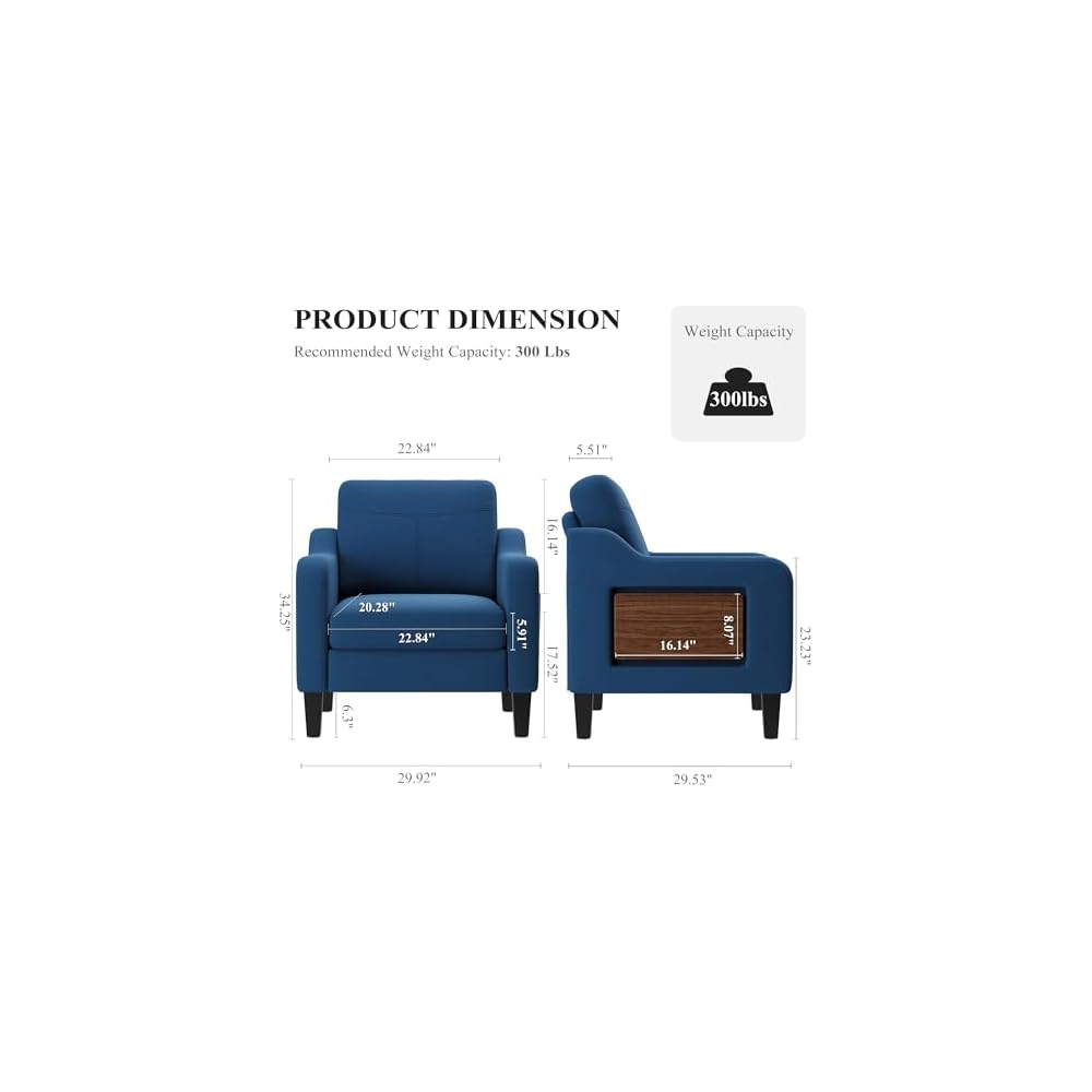 Accent Chair for Living Room, Mid-Century Upholstered Armchair with Foldable Table & 2 Side Pockets, Modern Linen Wooden Sofa Chair for Bedroom & Reading Room, Blue