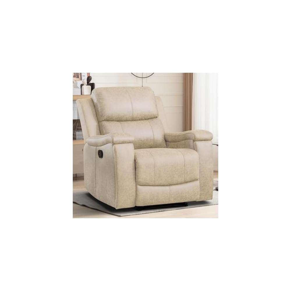 EBELLO Recliner Chair, Single Overstuffed Sofa Recliner, Breathable Faux Leather Manual Reclining Chairs with Hidden Cup Holder, Arm and Back for Adults, Living Room, Bedroom, Beige