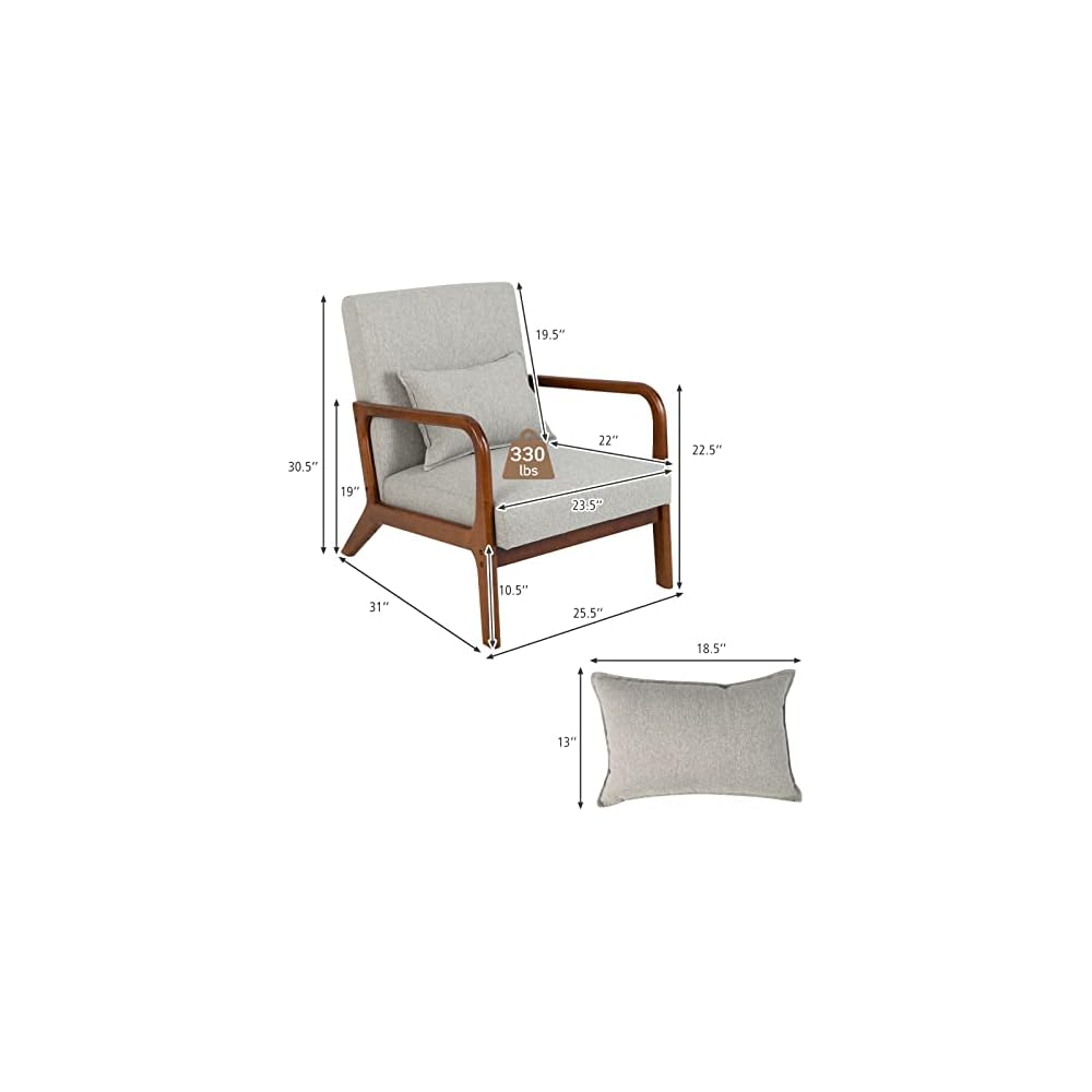 Mid Century Modern Accent Chair, Upholstered Lounge Armchair with Wood Frame & Lumbar Pillow, Comfy Reading Chair for Living Room, Bedroom, Office (1, Grey)