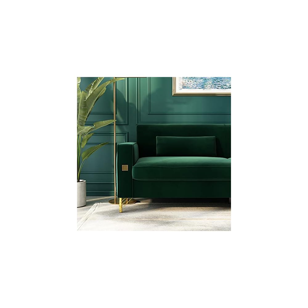 Green 85'' Velvet Sofa, Mid-Century Modern 3-Seat Couch with 2 Pillows & Gold Legs for Living Room Apartment Large Space