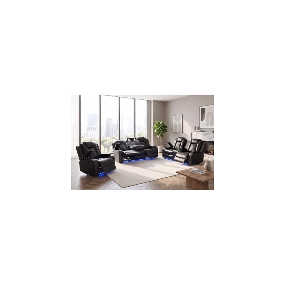 Power Recliner Sofa Set, 3 Piece Faux Leather Reclining Couch with LED Lights,Flip-Down Table, USB Ports, Cup Holders & Storage Console for Living Room, Home Theater Seating & APT Black