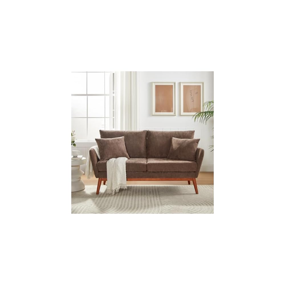 VINGLI 63.5" W Mid Century Small Love Seat Couch with Soild Wood Frame, 2 Seater Comfy Linen Fabric Loveseat Sofa, Small Couch with Two Pillows for Bedroom, Living Room, Small Spaces, Brown