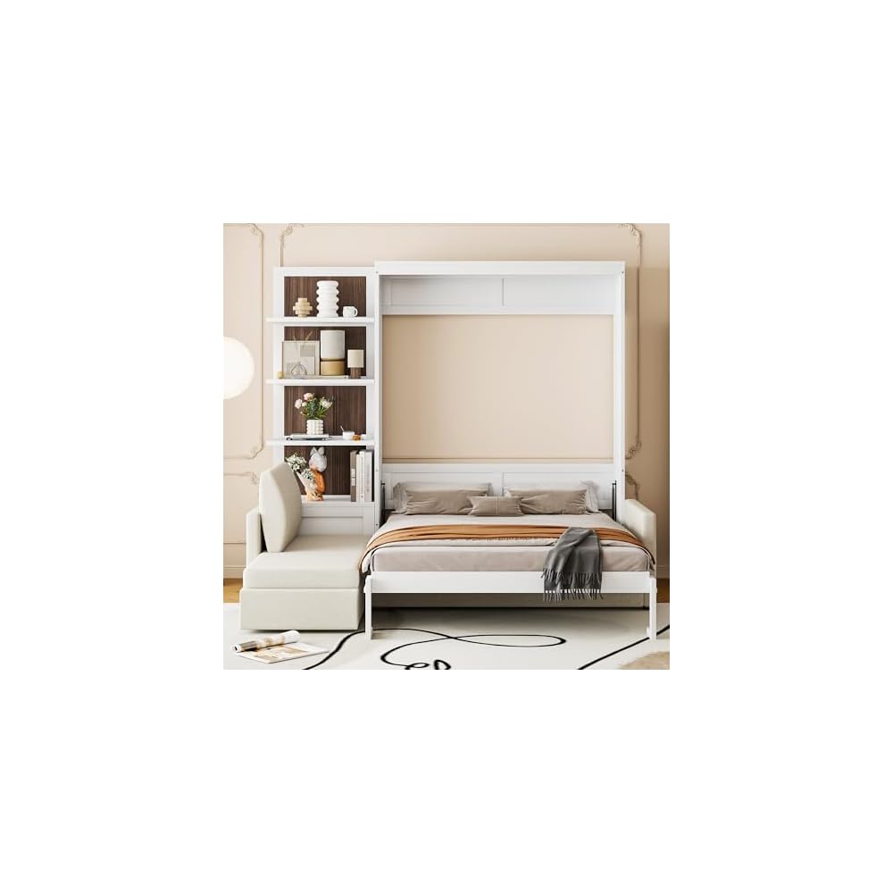 Harper & Bright Designs Queen Murphy Bed with Sofa and Shelves, White