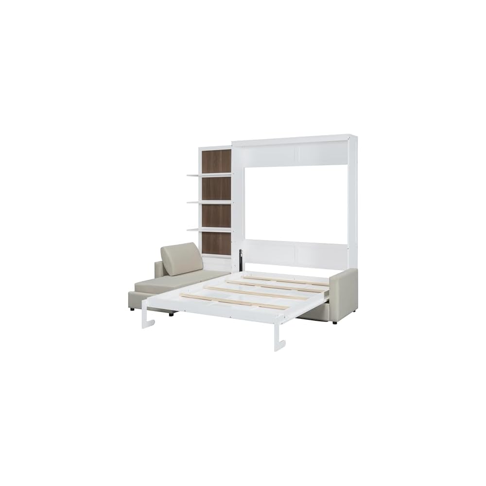 Harper & Bright Designs Queen Murphy Bed with Sofa and Shelves, White