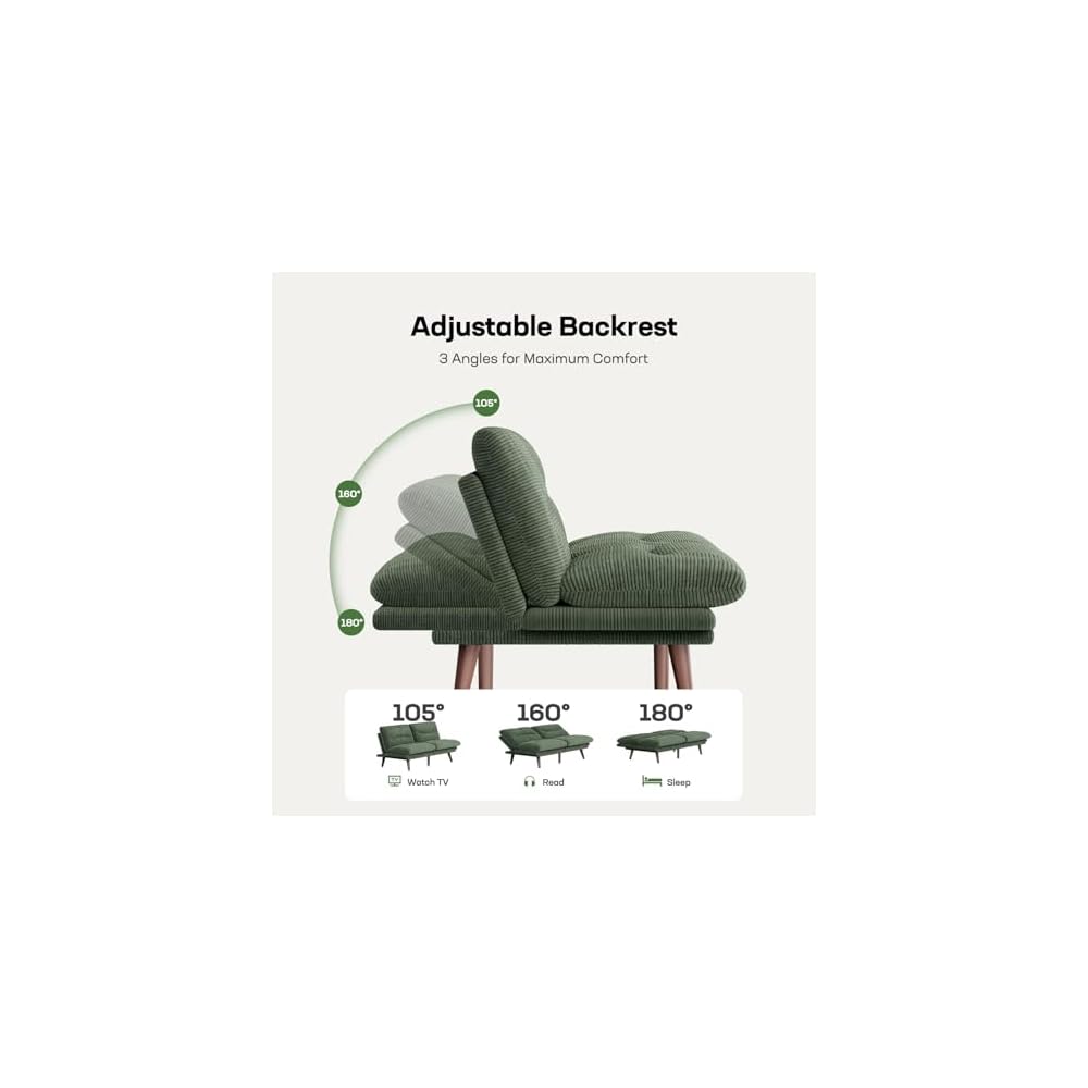 Marsail Futon Sofa Bed, Corduroy Futon Couch with Adjustable Backrest & Armrests, Convertible Small Sleeper Sofa Bed for Small Apartments, Study Room, Office, Green
