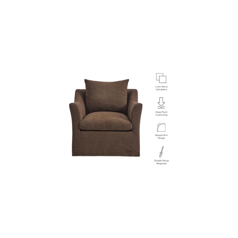 Modway Somerset Modern Slipcovered Linen Blend Accent Chair in Cocoa – Deep Seat Upholstered Armchair with Sloped Arms – Contemporary Fabric Living Room Chair