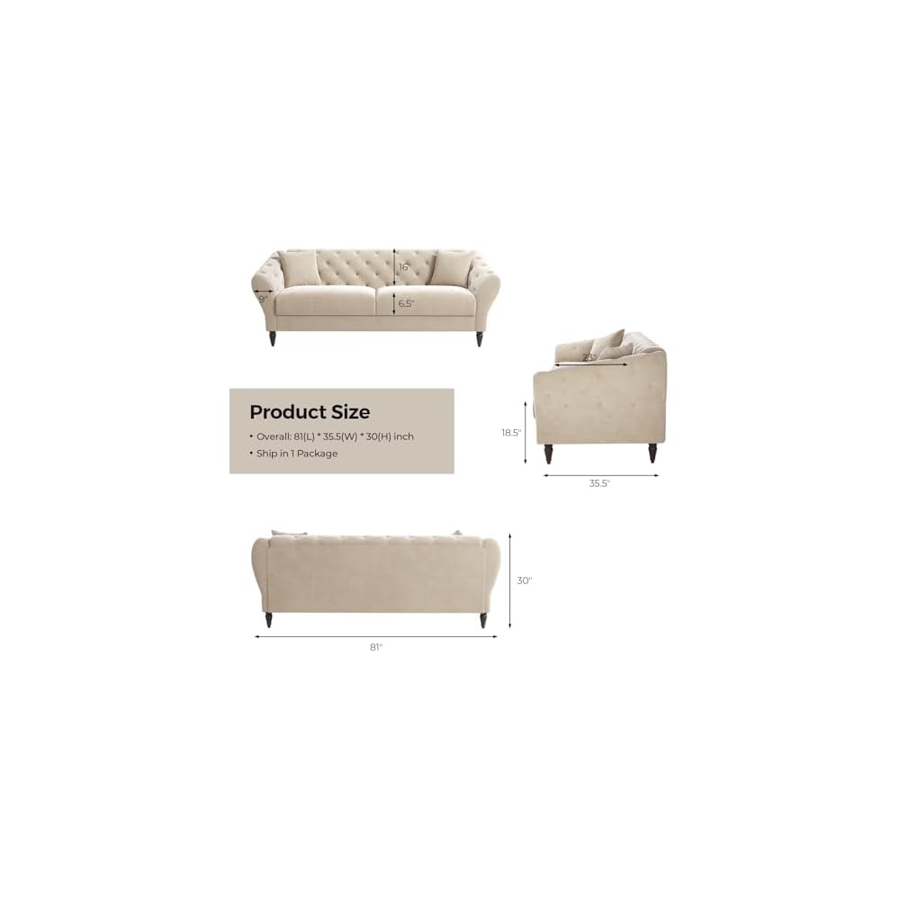COPIAE 82 Inch Chesterfield loveseat Sofa,Tuxedo Arms Modern Couch Sturdy and Easy Installation, Small Sofa for Living Room Bedroom Office and Apartment,Velvet Fabric Beige