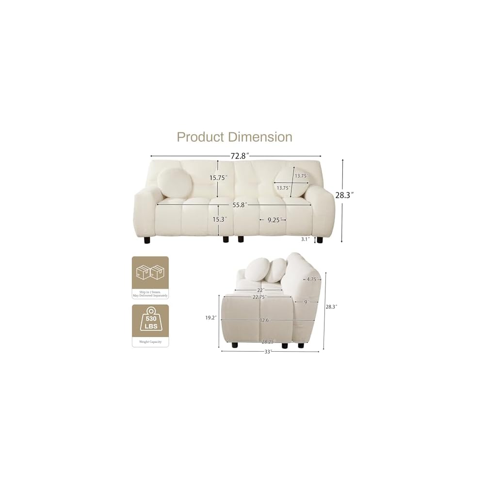 72.8" Cloud Couch Sherpa Modern Loveseat Comfy Boucle Sofa, Cream White