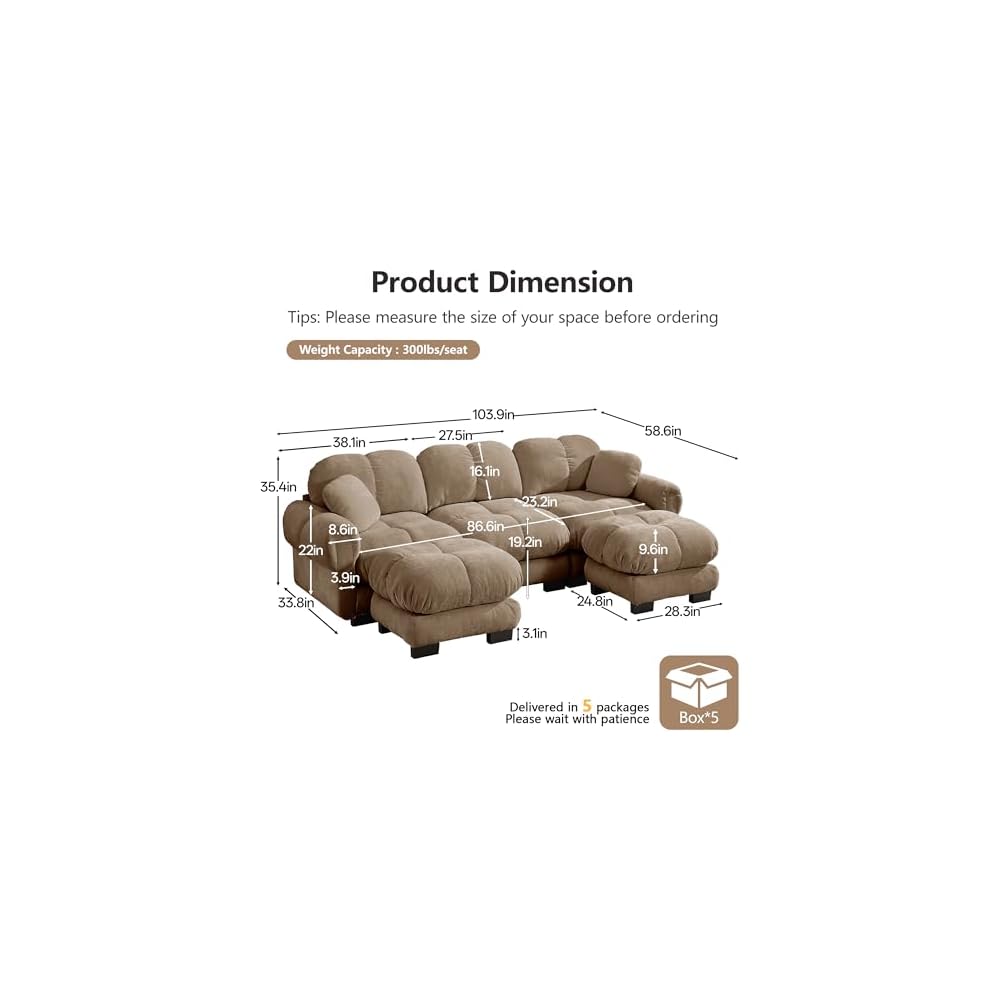 103.9" Modular Cloud Couch, Oversize U-Shaped Sectional Sofa with Ottoman, Deep Seat Chenille Couch, Anti-Slip Design, Modern 3-Seater Sofa for Living Room/Apartment/Bedroom, Brown