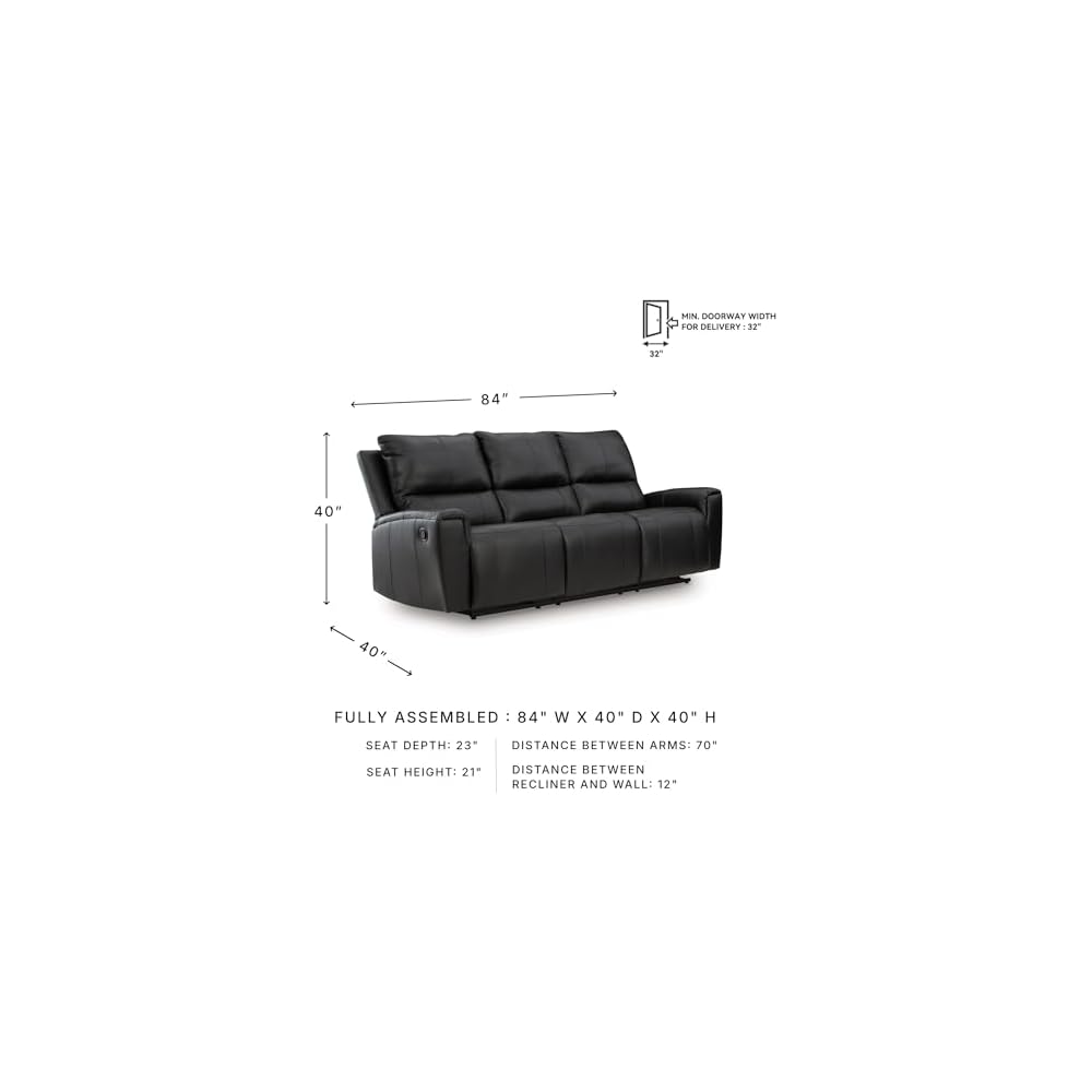 Signature Design by Ashley Glassmere 3-Seat Leather Reclining Sofa, Black