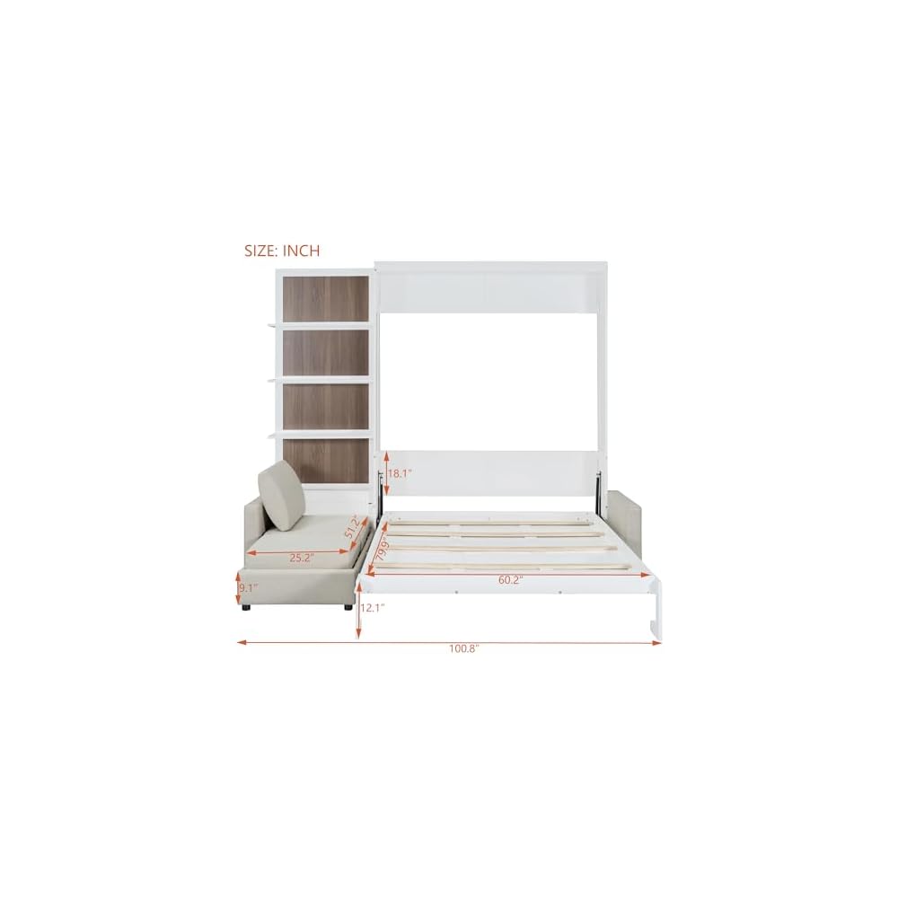 Harper & Bright Designs Queen Murphy Bed with Sofa and Shelves, White