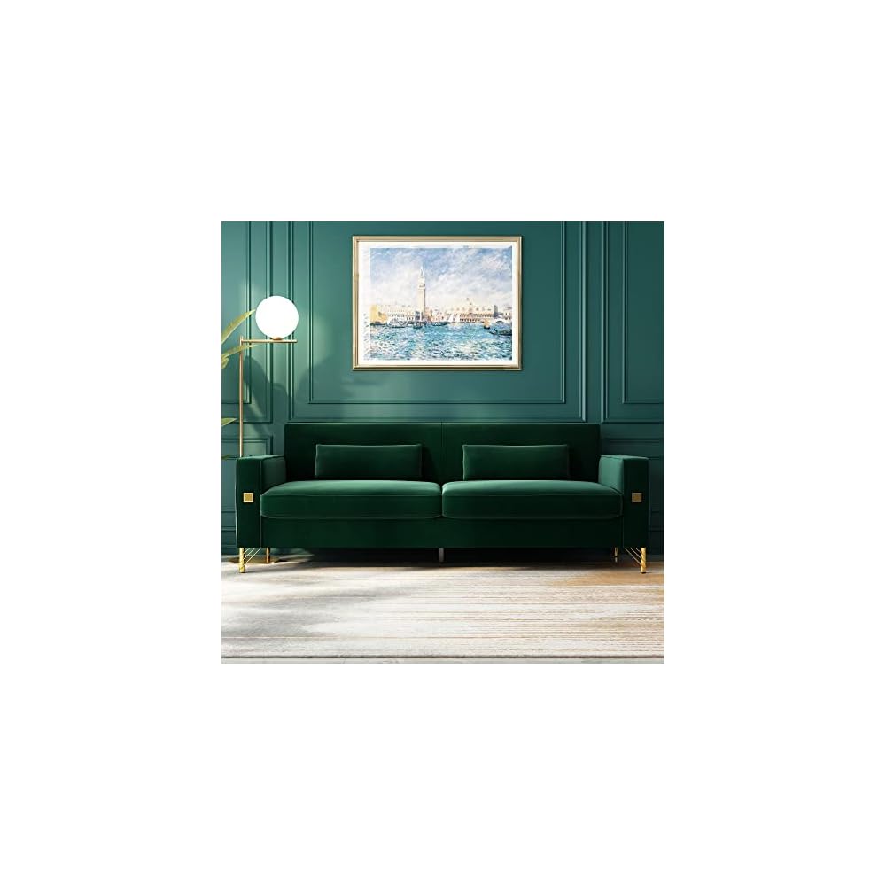 Green 85'' Velvet Sofa, Mid-Century Modern 3-Seat Couch with 2 Pillows & Gold Legs for Living Room Apartment Large Space
