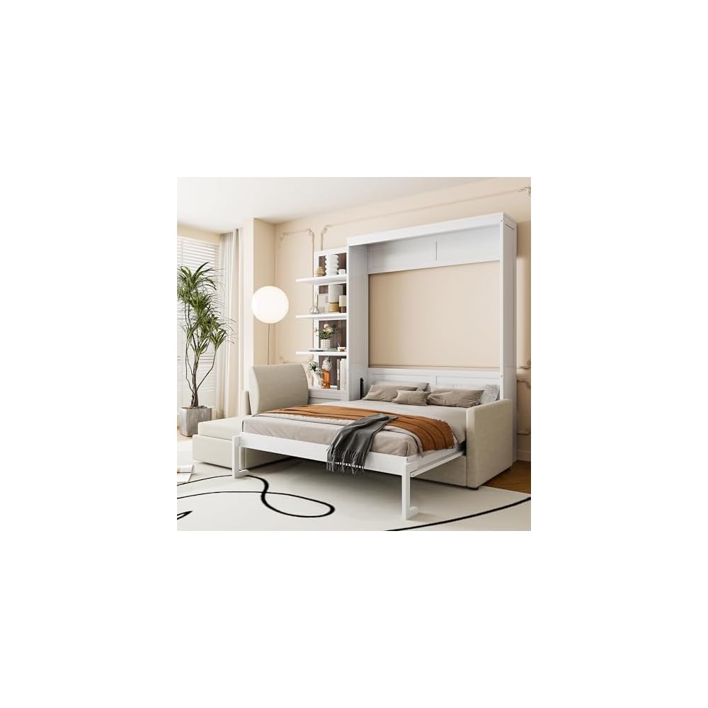 Harper & Bright Designs Queen Murphy Bed with Sofa and Shelves, White