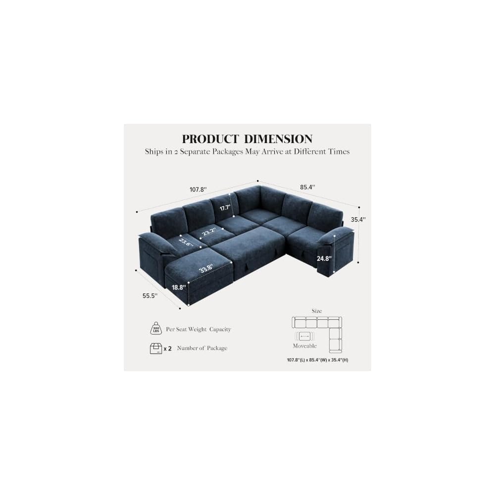 Modular Sectional Sleeper Sofa with Pull Out Bed, U Shaped Couch