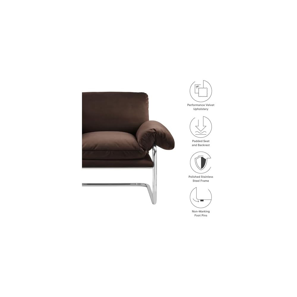 Modway Ansel Performance Velvet Accent Chair in Chocolate Brown - Stain-Resistant Velvet Lounge Chair for Living Room, Bedroom - Corner Reading Chair with Arms and Removable Cushions