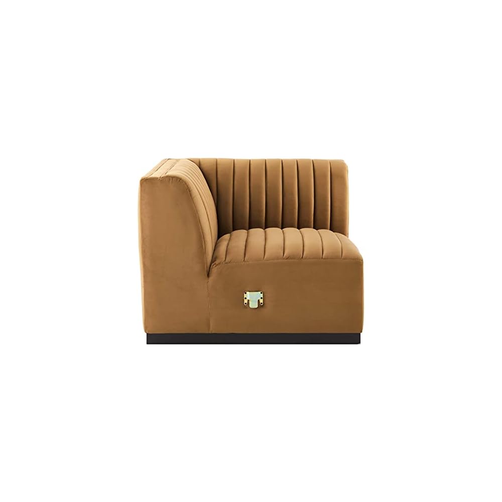 Modway Conjure Channel Tufted Upholstered Performance Velvet Sectional Sofa Left Corner Chair in Black Cognac