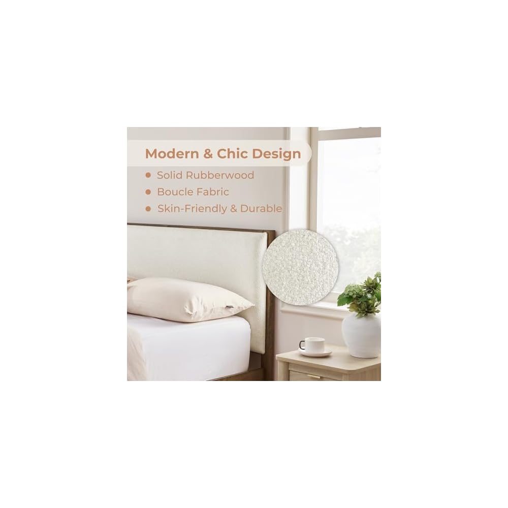 CHITA Queen Size Platform Bed, with Boucle Upholstered Headboard, Walnut