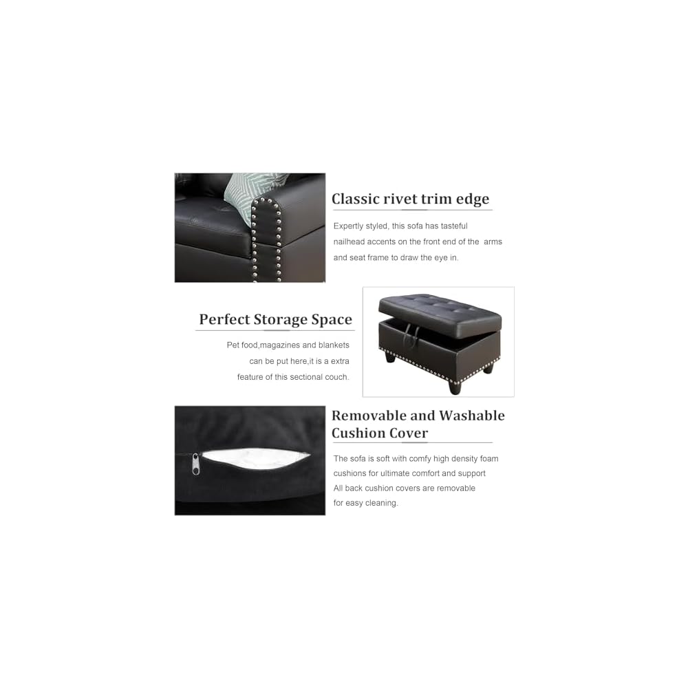 HomeStock Sophisticated Simplicity Sectional Sofa with Ottoman, Living Room Set, Left Facing Chaise, 2 Cup Holders, 2 Throw Pillows, Tufted Back and Seat - 99.5" D x 67" W x 32" H Black