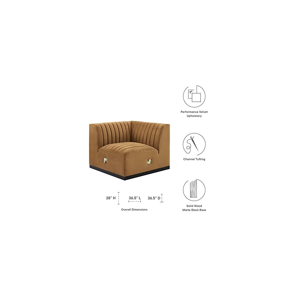 Modway Conjure Channel Tufted Upholstered Performance Velvet Sectional Sofa Left Corner Chair in Black Cognac