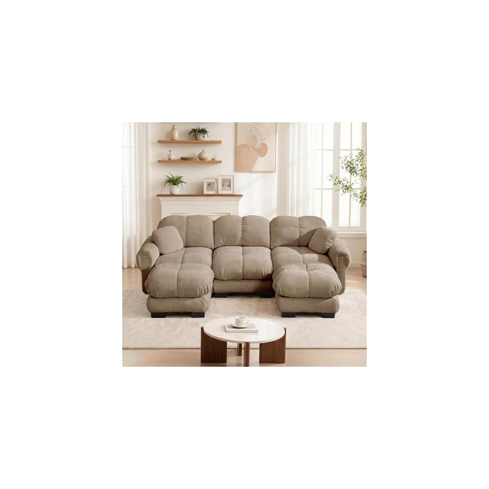 103.9" Modular Cloud Couch, Oversize U-Shaped Sectional Sofa with Ottoman, Deep Seat Chenille Couch, Anti-Slip Design, Modern 3-Seater Sofa for Living Room/Apartment/Bedroom, Brown