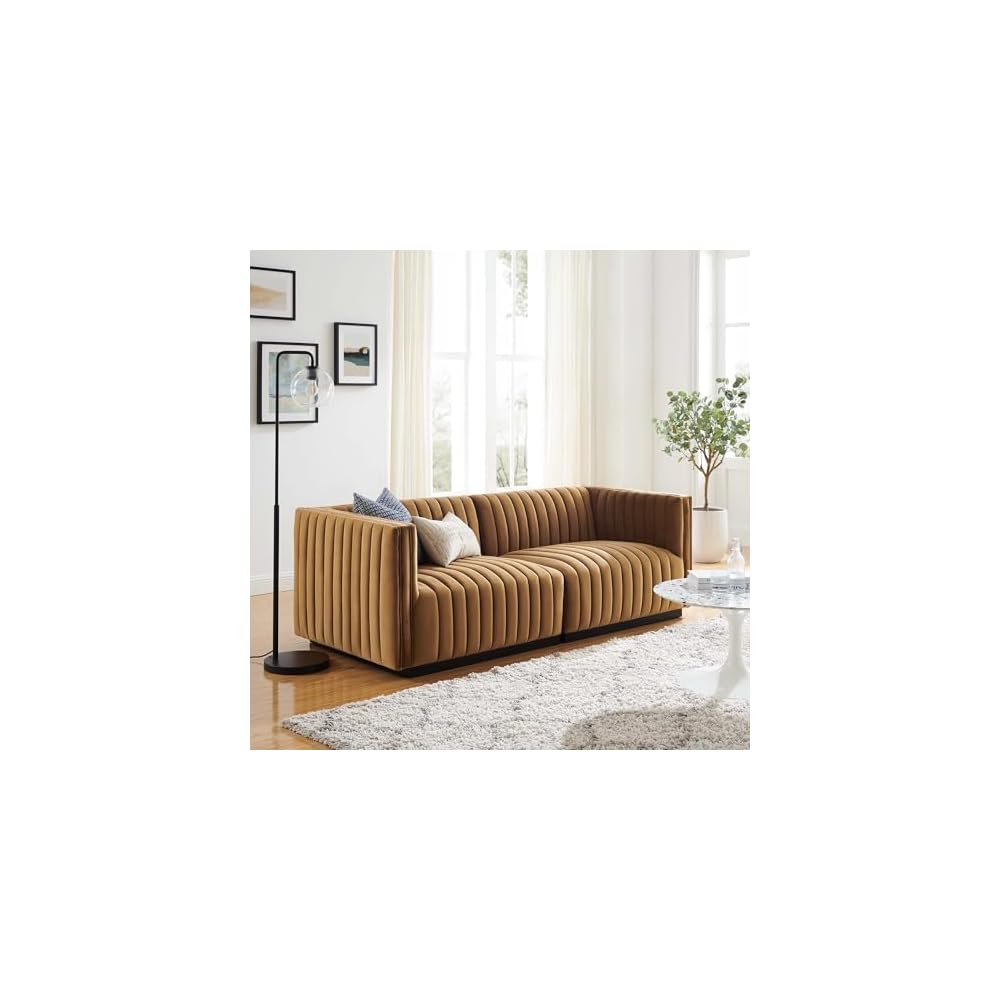 Modway Conjure Channel Tufted Upholstered Performance Velvet Sectional Sofa Left Corner Chair in Black Cognac