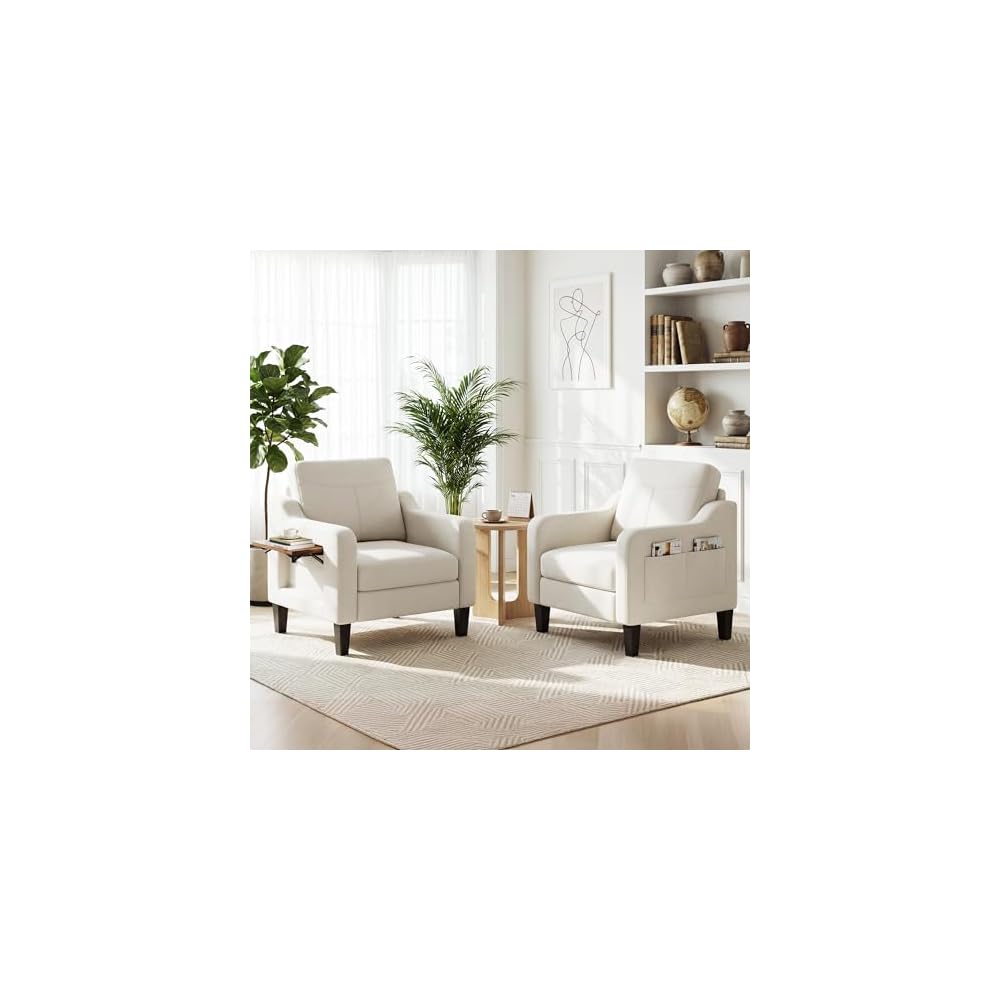Accent Chair for Living Room, Mid-Century Upholstered Armchair with Foldable Table & 2 Side Pockets, Modern Linen Wooden Sofa Chair for Bedroom & Reading Room, Blue