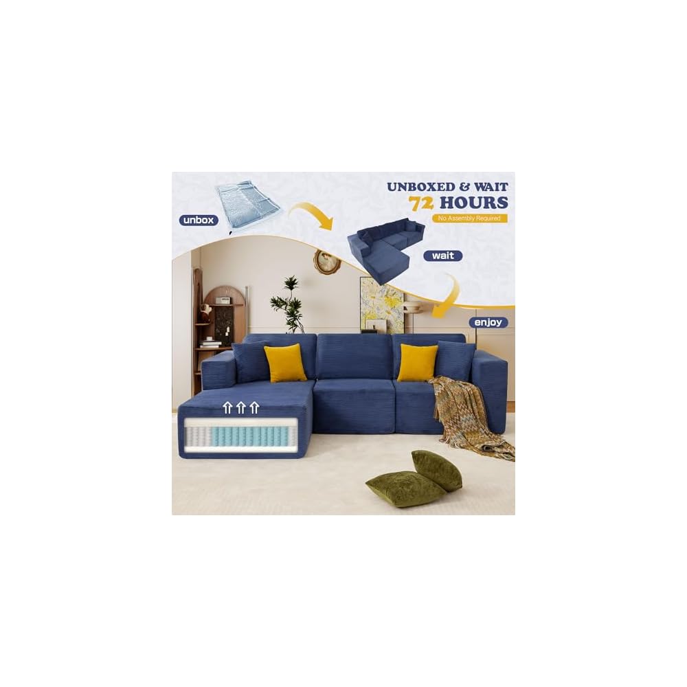 109” Cloud Sectional Couch, Boneless Modular Sofa with L-Shape Chaise, Deep Seat Corduroy Couch, No Assembly Required, Modern Upholstered Sectional for Living Room Apartment Bedroom