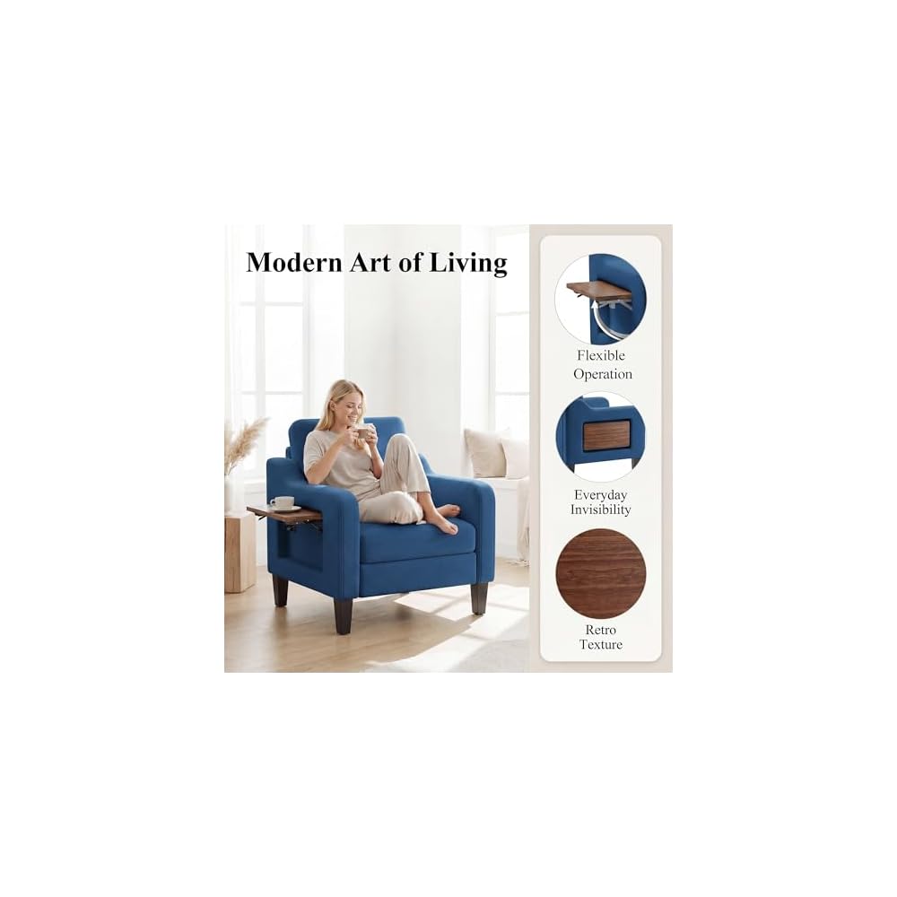 Accent Chair for Living Room, Mid-Century Upholstered Armchair with Foldable Table & 2 Side Pockets, Modern Linen Wooden Sofa Chair for Bedroom & Reading Room, Blue