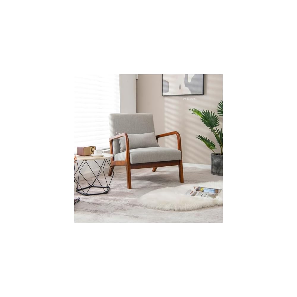 Mid Century Modern Accent Chair, Upholstered Lounge Armchair with Wood Frame & Lumbar Pillow, Comfy Reading Chair for Living Room, Bedroom, Office (1, Grey)