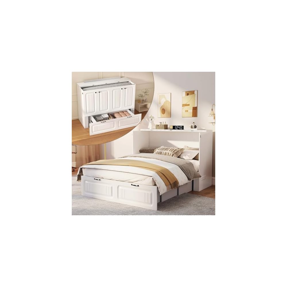 White Murphy Bed Cabinet Full, Space Saving Hideaway Bed
