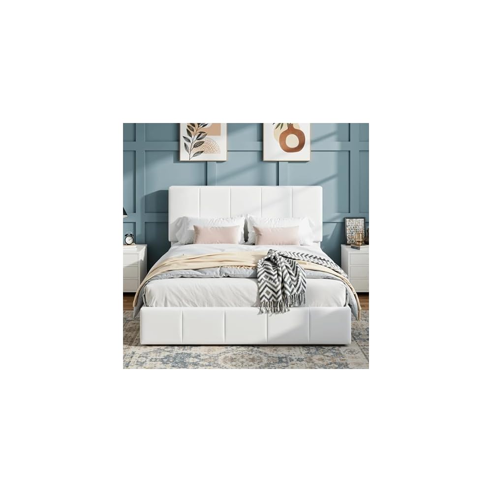 SHA CERLIN Queen Size Bed Frame, Velvet Upholstered Platform Bed, White