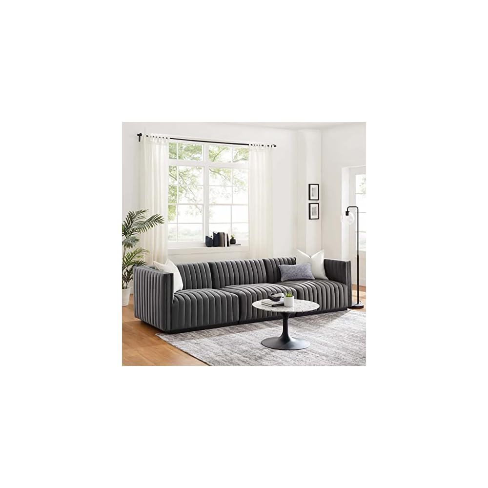 Modway Conjure Channel Tufted Upholstered Performance Velvet Sectional Sofa Left Corner Chair in Black Cognac