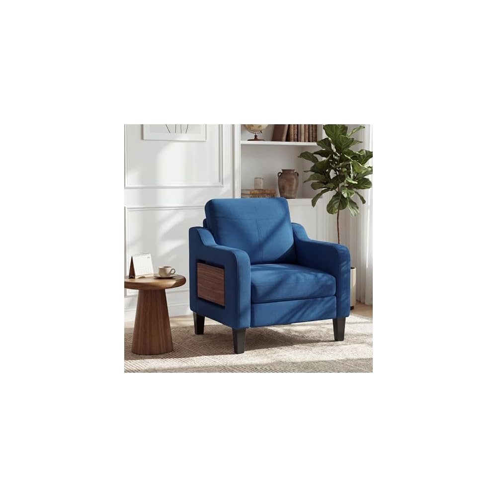 Accent Chair for Living Room, Mid-Century Upholstered Armchair with Foldable Table & 2 Side Pockets, Modern Linen Wooden Sofa Chair for Bedroom & Reading Room, Blue