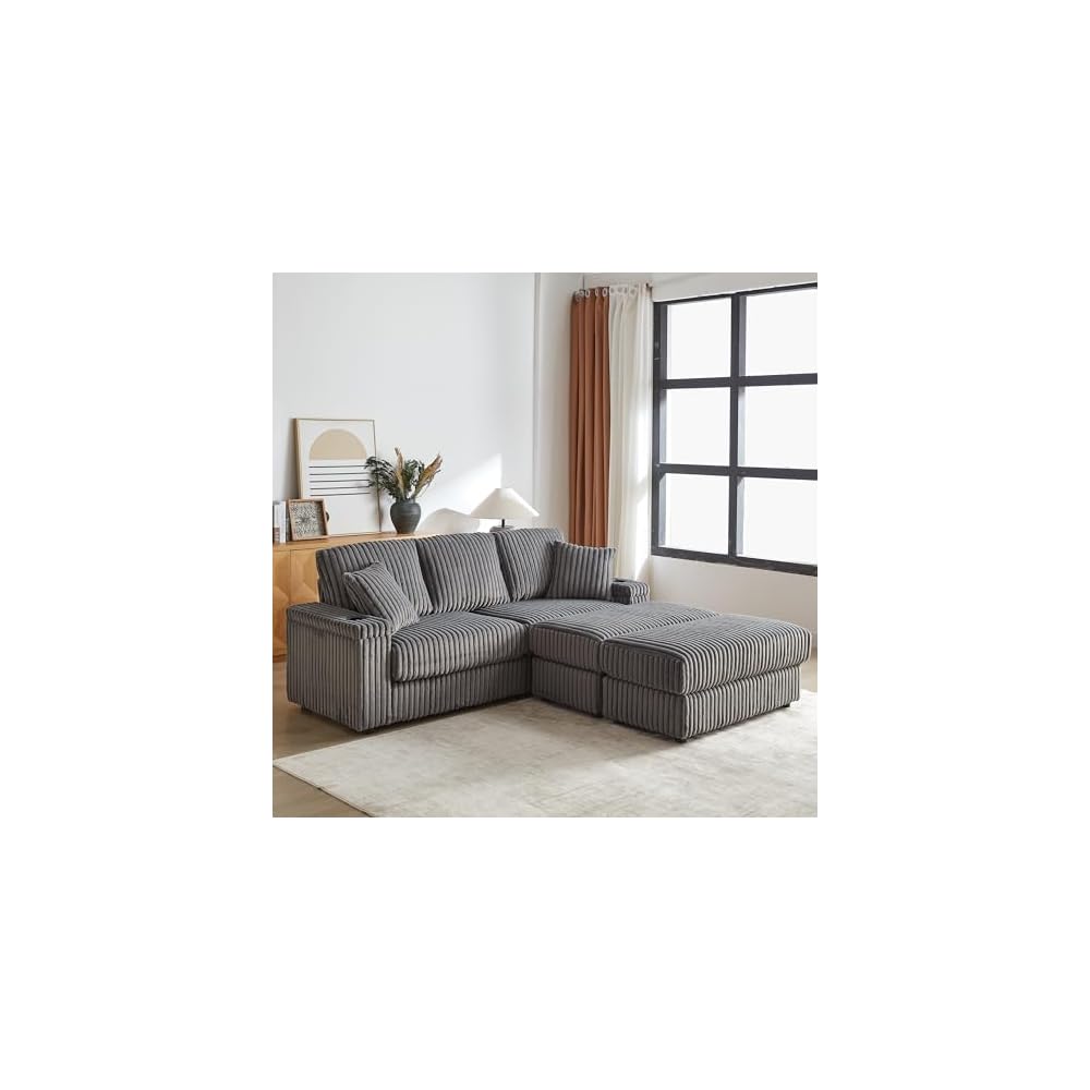 84 Inch Soft Corduroy Sofa, Boneless Couches for Living Room with Storage footstools, Couches with Spring Sponge Support and Cup Grooves for Indoor Leisure Spaces, Grey