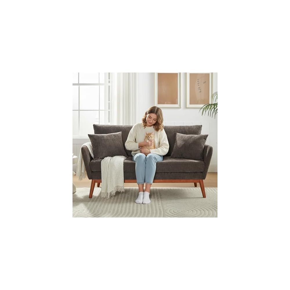 VINGLI 63.5" W Mid Century Small Love Seat Couch with Soild Wood Frame, 2 Seater Comfy Linen Fabric Loveseat Sofa, Small Couch with Two Pillows for Bedroom, Living Room, Small Spaces, Brown
