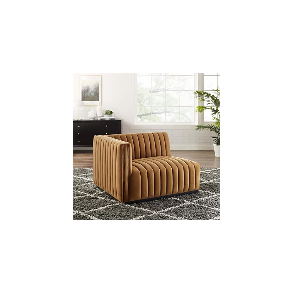 Modway Conjure Channel Tufted Upholstered Performance Velvet Sectional Sofa Left Corner Chair in Black Cognac