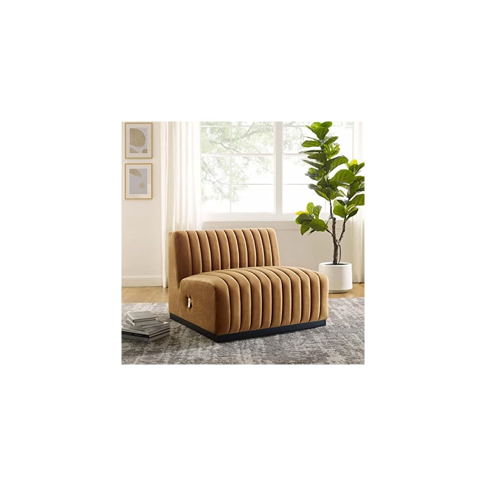 Modway Conjure Channel Tufted Upholstered Performance Velvet Sectional Sofa Left Corner Chair in Black Cognac