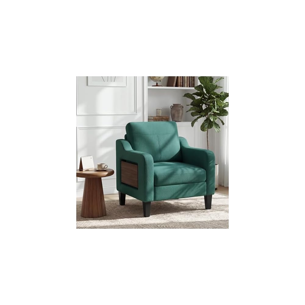 Accent Chair for Living Room, Mid-Century Upholstered Armchair with Foldable Table & 2 Side Pockets, Modern Linen Wooden Sofa Chair for Bedroom & Reading Room, Blue