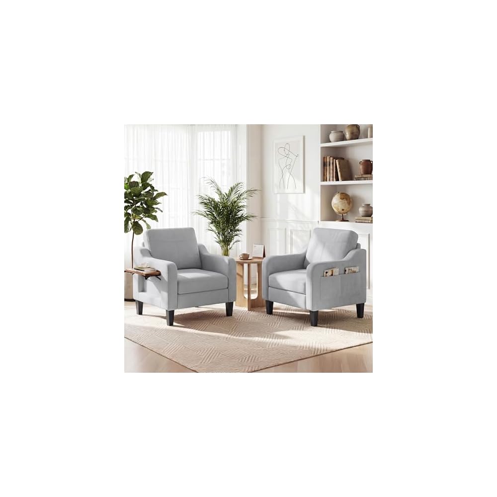 Accent Chair for Living Room, Mid-Century Upholstered Armchair with Foldable Table & 2 Side Pockets, Modern Linen Wooden Sofa Chair for Bedroom & Reading Room, Blue