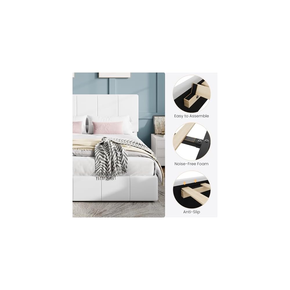 SHA CERLIN Queen Size Bed Frame, Velvet Upholstered Platform Bed, White