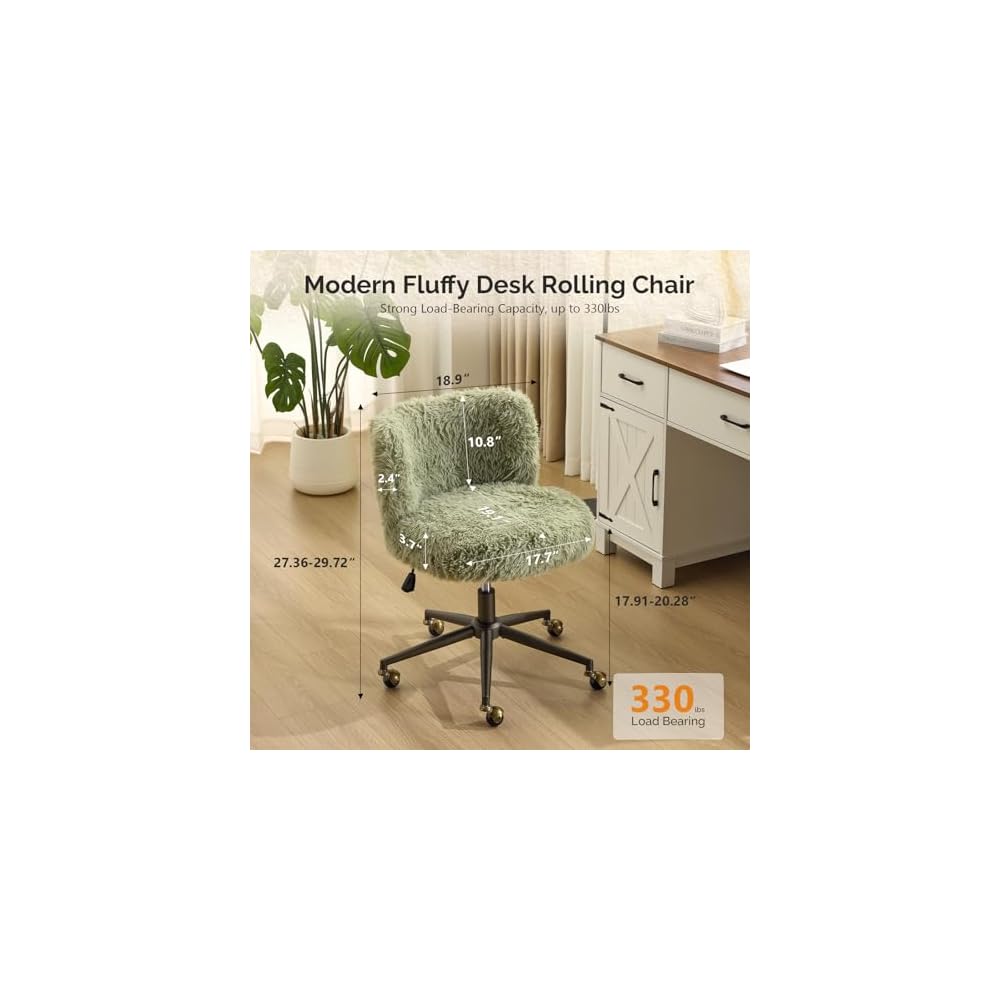 VINGLI Plush Upholstery Vanity Desk Chair with Curved Back & 90-102° Tilt &Adjustable Height, Cute Rolling Chair with Bronze Base & Golden-Bronze 360° Swivel Wheels for Makeup &Home Office,Grass Green