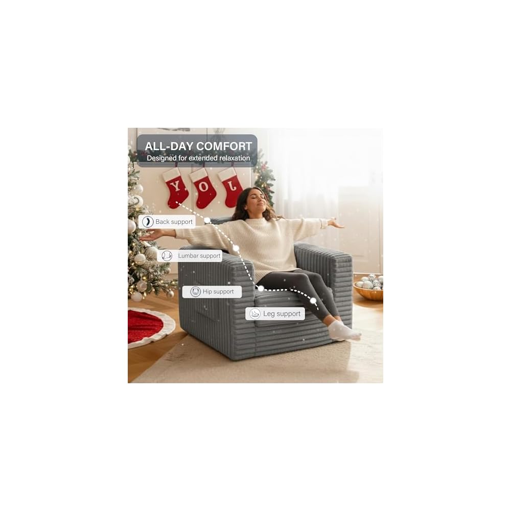 Welnow Folding Sofa Bed with Ottoman,2-in-1 Boneless Sofa Chair,Dark Grey